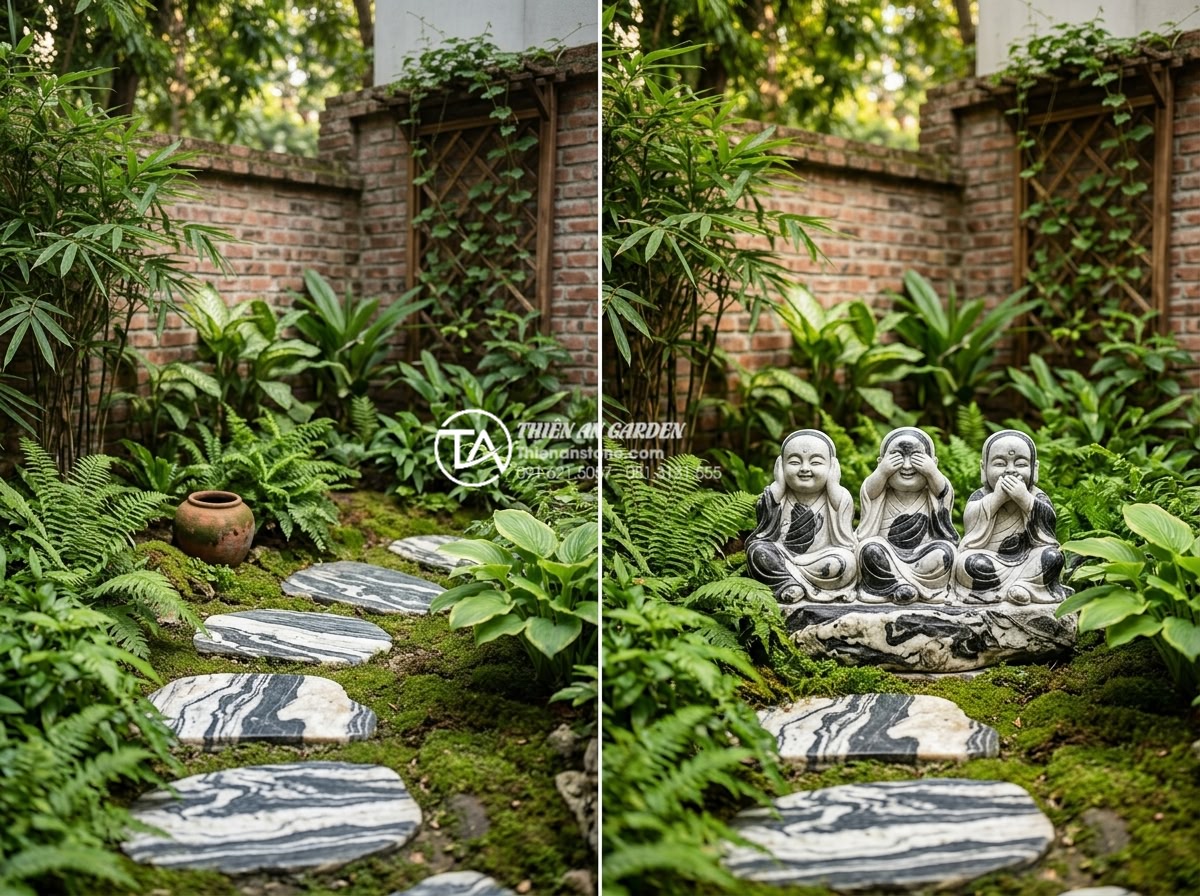 Tiểu cảnh chú tiểu tam không: Ý nghĩa sâu sắc về triết lý sống an nhiên - Hình 12 Tiểu cảnh chú tiểu tam không: Ý nghĩa sâu sắc về triết lý sống an nhiên - Before and after comparison of garden space with and without the three little mo