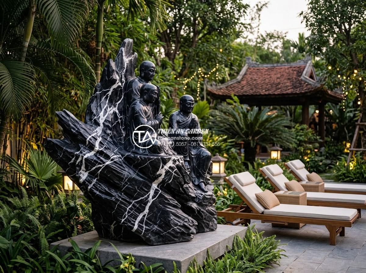 Tiểu cảnh chú tiểu tam không: Ý nghĩa sâu sắc về triết lý sống an nhiên - Hình 14 Tiểu cảnh chú tiểu tam không: Ý nghĩa sâu sắc về triết lý sống an nhiên - Luxury villa garden featuring large scale three monk sculpture as focal point wi
