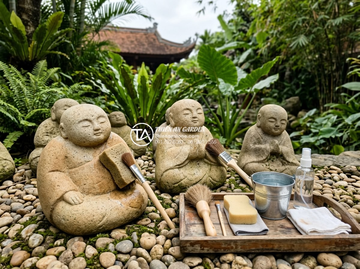 Tiểu cảnh chú tiểu tam không: Ý nghĩa sâu sắc về triết lý sống an nhiên - Hình 15 Tiểu cảnh chú tiểu tam không: Ý nghĩa sâu sắc về triết lý sống an nhiên - Maintenance demonstration showing cleaning process of stone monk statues with pr
