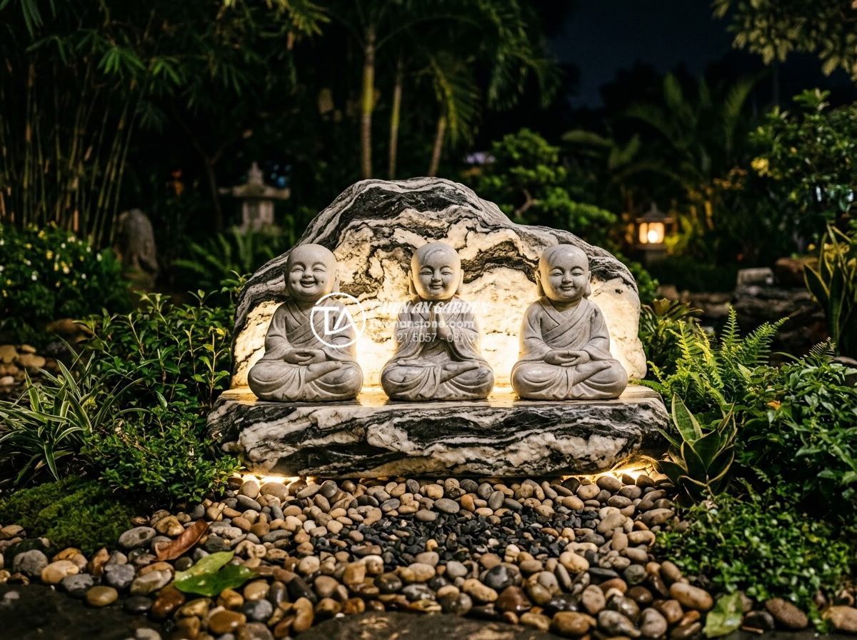 Tiểu cảnh chú tiểu tam không: Ý nghĩa sâu sắc về triết lý sống an nhiên - Hình 5 Tiểu cảnh chú tiểu tam không: Ý nghĩa sâu sắc về triết lý sống an nhiên - Professional 3D render of custom designed three little monks stone garden featur