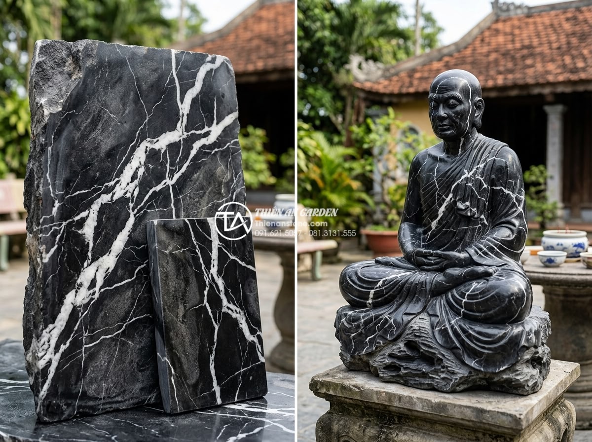 Tiểu cảnh chú tiểu tam không: Ý nghĩa sâu sắc về triết lý sống an nhiên - Hình 7 Tiểu cảnh chú tiểu tam không: Ý nghĩa sâu sắc về triết lý sống an nhiên - Comparison photo collage of different natural stone types used for monk statues: