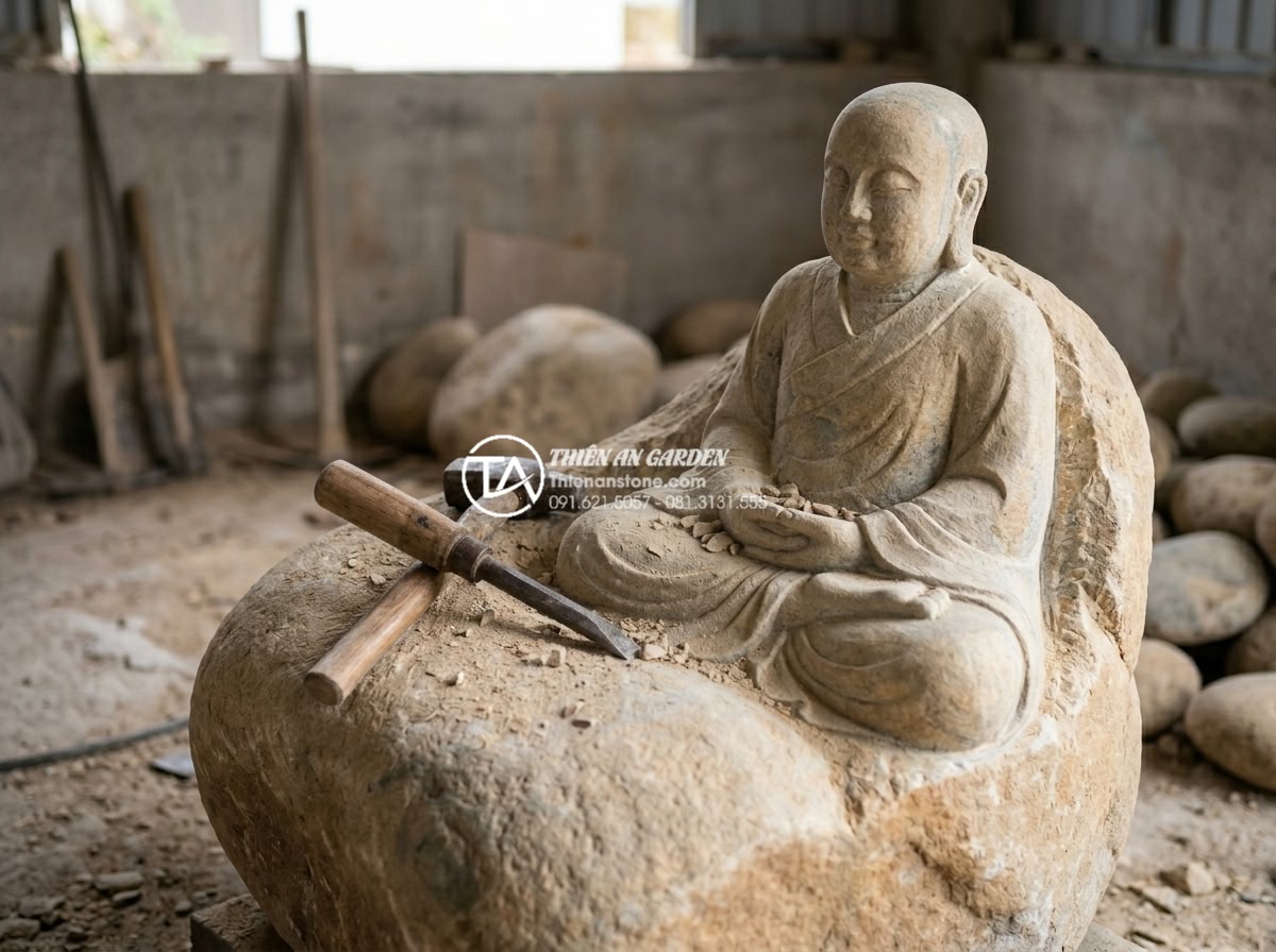 Tiểu cảnh chú tiểu thiền: Đưa không gian Zen vào ngôi nhà hiện đại - Hình 13 Tiểu cảnh chú tiểu thiền: Đưa không gian Zen vào ngôi nhà hiện đại - Professional construction photography showing skilled artisans hand-carving a na