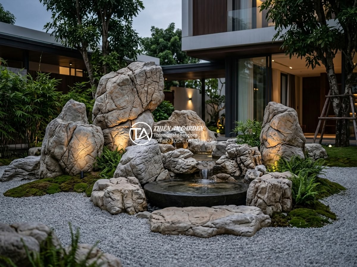 Tiểu cảnh chú tiểu thiền: Đưa không gian Zen vào ngôi nhà hiện đại - Hình 14 Tiểu cảnh chú tiểu thiền: Đưa không gian Zen vào ngôi nhà hiện đại - High-end realistic photo of completed professional installation of a large natur