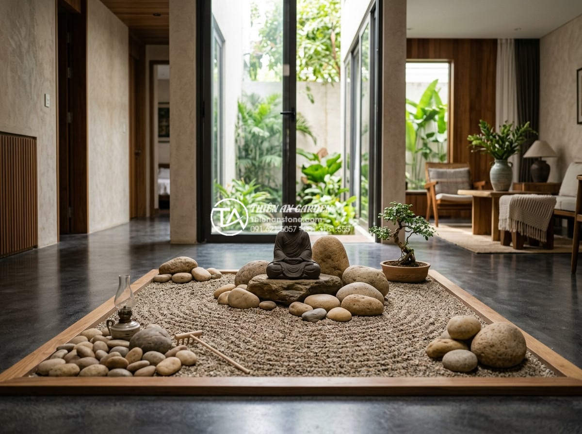 Tiểu cảnh chú tiểu thiền: Đưa không gian Zen vào ngôi nhà hiện đại - Hình 20 Tiểu cảnh chú tiểu thiền: Đưa không gian Zen vào ngôi nhà hiện đại - Elegant realistic photograph of a beautifully crafted natural stone small Zen mo