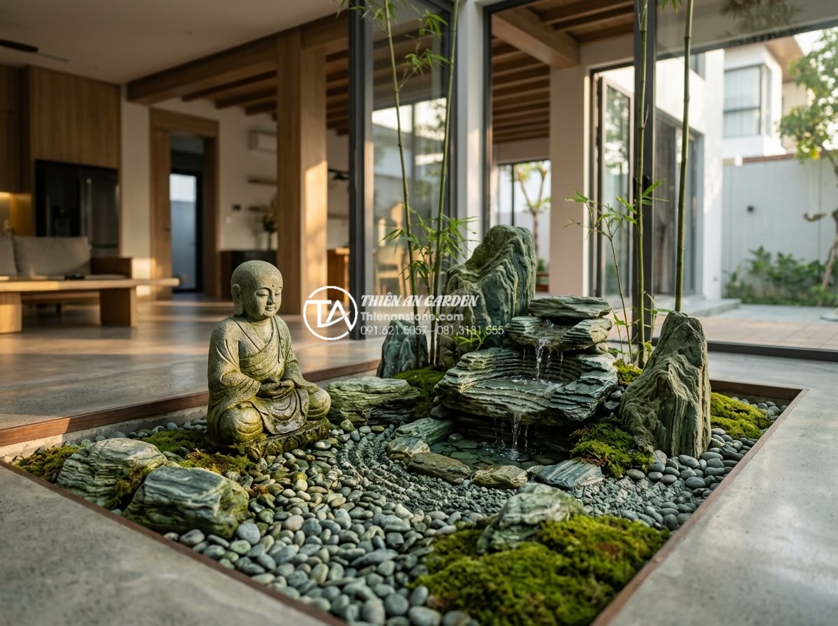 Tiểu cảnh chú tiểu thiền: Đưa không gian Zen vào ngôi nhà hiện đại - Hình 4 Tiểu cảnh chú tiểu thiền: Đưa không gian Zen vào ngôi nhà hiện đại - Wide angle realistic photo of a complete small Zen monk garden scene with carved
