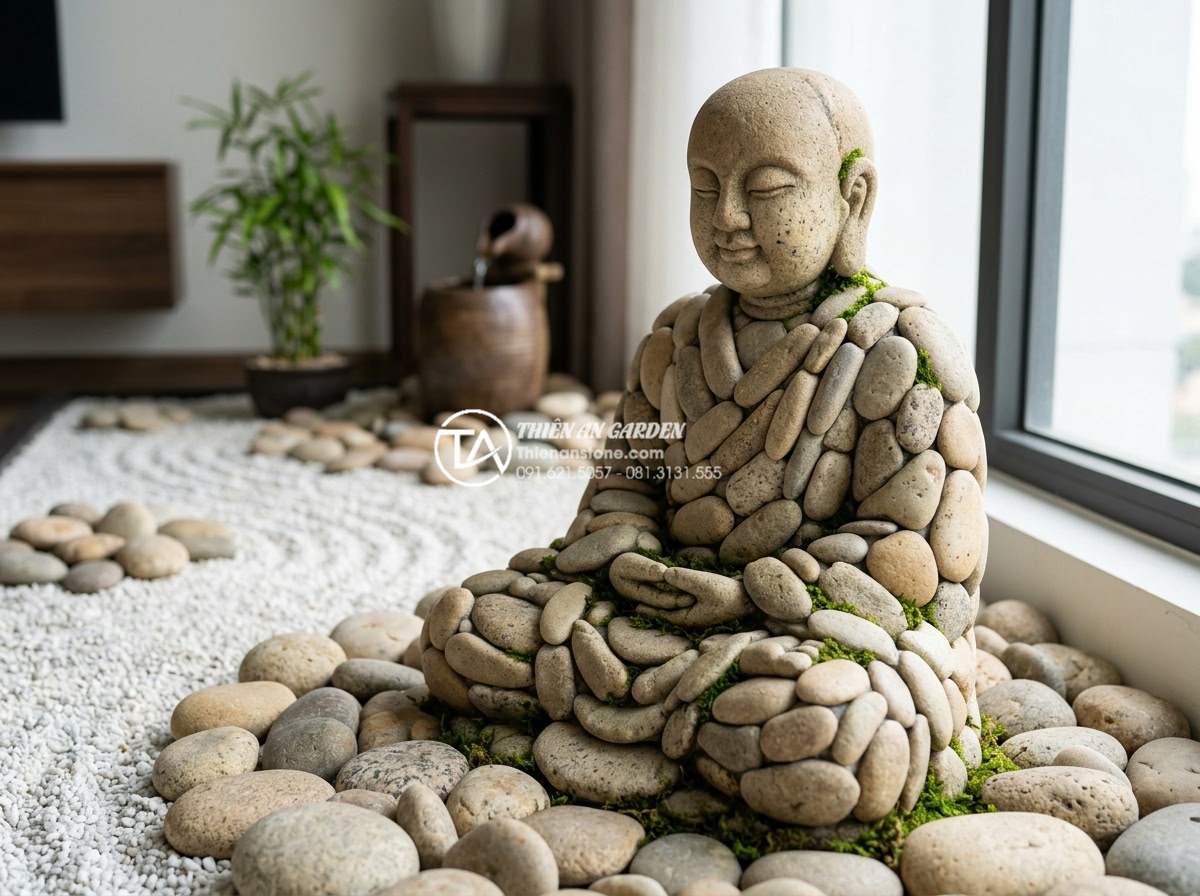 Tiểu cảnh chú tiểu thiền: Đưa không gian Zen vào ngôi nhà hiện đại - Hình 6 Tiểu cảnh chú tiểu thiền: Đưa không gian Zen vào ngôi nhà hiện đại - Detailed close-up of natural stone texture on a meditating monk statue with subt