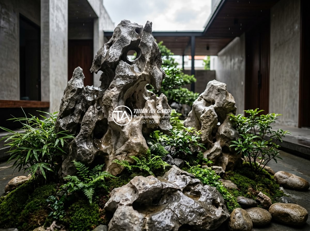 Tiểu cảnh chú tiểu thiền: Đưa không gian Zen vào ngôi nhà hiện đại - Hình 8 Tiểu cảnh chú tiểu thiền: Đưa không gian Zen vào ngôi nhà hiện đại - Photorealistic view of a premium natural granite Zen monk small garden installed