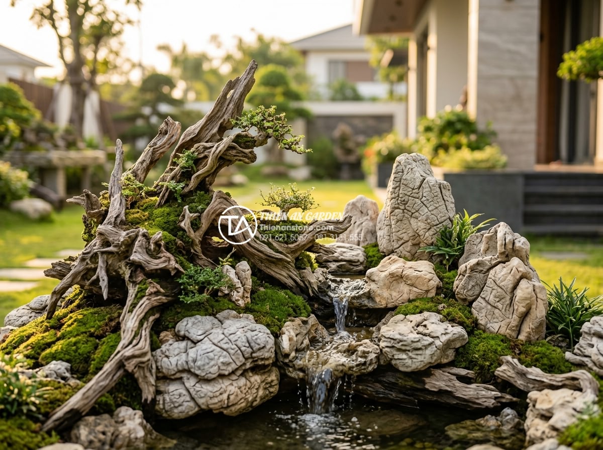 Tiểu cảnh gỗ lũa là gì? Tại sao giới thượng lưu lại ưa chuộng? - Close-up professional photograph of an exquisite Vietnamese driftwood miniature 