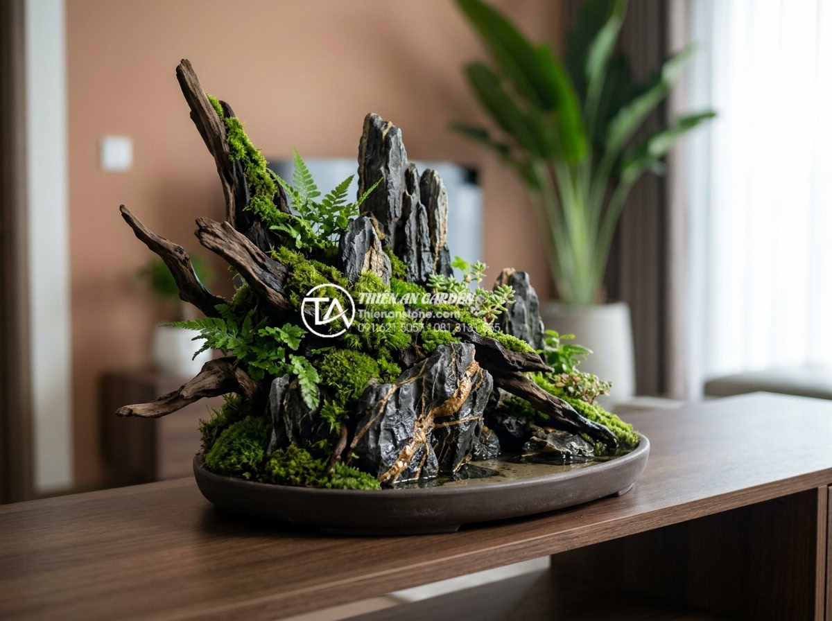 Tiểu cảnh gỗ lũa là gì? Tại sao giới thượng lưu lại ưa chuộng? - High resolution image of a well-maintained driftwood miniature landscape after s