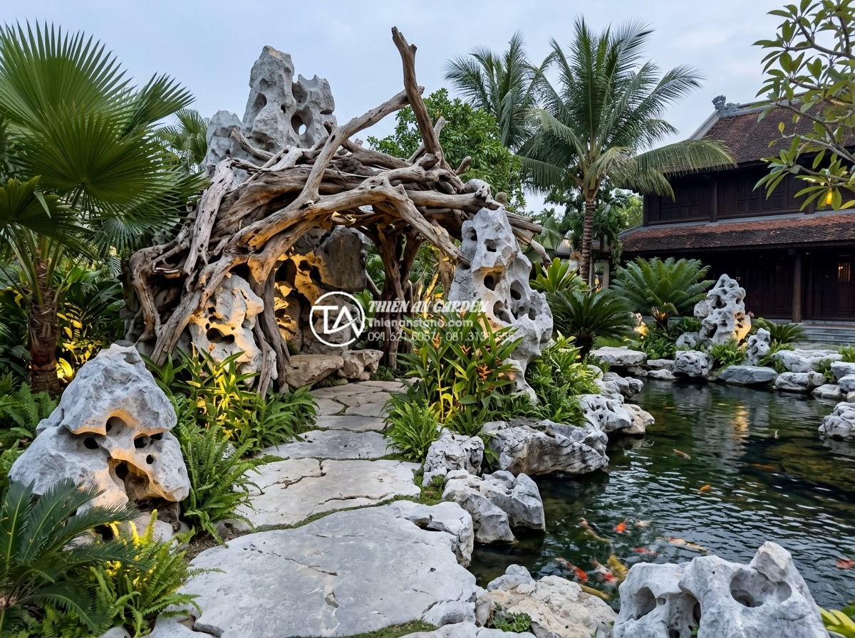 Tiểu cảnh gỗ lũa là gì? Tại sao giới thượng lưu lại ưa chuộng? - Wide angle shot of a high-end resort garden showcasing a large-scale driftwood l