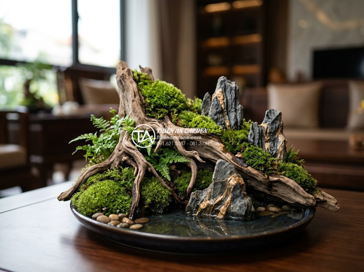 Tiểu cảnh gỗ lũa là gì? Tại sao giới thượng lưu lại ưa chuộng? - Artistic close-up of a premium driftwood miniature scene with intricate root for
