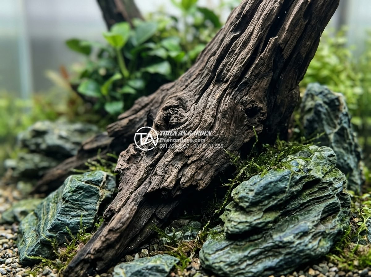 Tiểu cảnh gỗ lũa là gì? Tại sao giới thượng lưu lại ưa chuộng? - Detailed macro shot of premium aged driftwood textures showing natural cracks, u