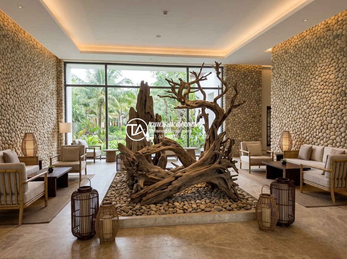 Tiểu cảnh gỗ lũa là gì? Tại sao giới thượng lưu lại ưa chuộng? - Stunning resort lobby interior with a massive custom driftwood landscape install