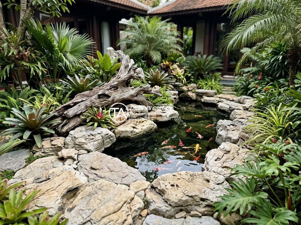Tiểu cảnh gỗ lũa là gì? Tại sao giới thượng lưu lại ưa chuộng? - Beautiful integrated garden scene showing a large driftwood and natural stone la
