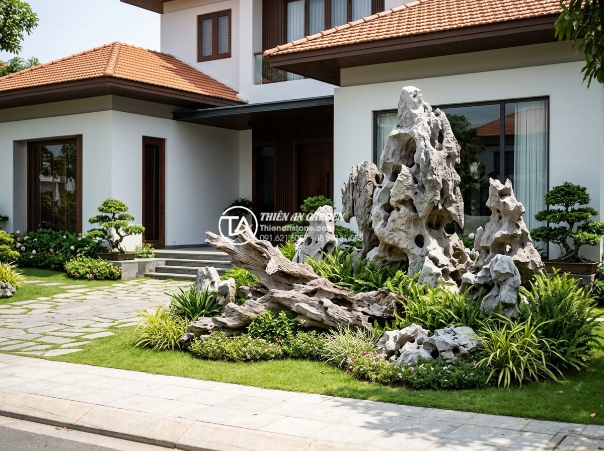 Tiểu cảnh gỗ lũa là gì? Tại sao giới thượng lưu lại ưa chuộng? - Professional real estate photography of a luxury villa exterior highlighting a b