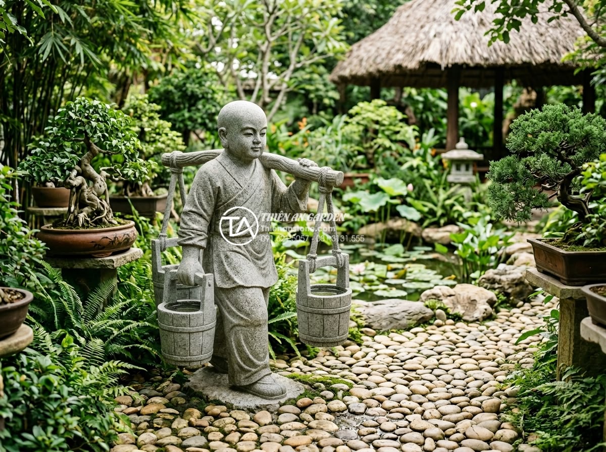 Top 10 mẫu tiểu cảnh chú tiểu gánh nước mang ý nghĩa tài lộc dồi dào - Hình 1 Top 10 mẫu tiểu cảnh chú tiểu gánh nước mang ý nghĩa tài lộc dồi dào - Highly detailed realistic photograph of a hand-carved young Buddhist monk sculpt