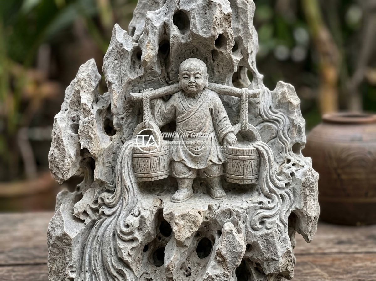 Top 10 mẫu tiểu cảnh chú tiểu gánh nước mang ý nghĩa tài lộc dồi dào - Hình 10 Top 10 mẫu tiểu cảnh chú tiểu gánh nước mang ý nghĩa tài lộc dồi dào - Artistic close-up of the granite texture and intricate carving on a natural ston