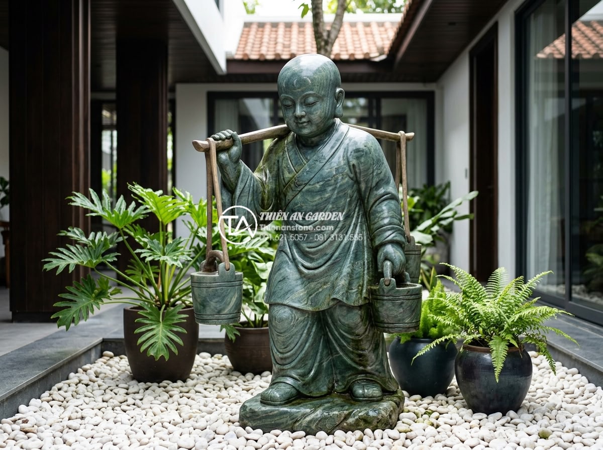 Top 10 mẫu tiểu cảnh chú tiểu gánh nước mang ý nghĩa tài lộc dồi dào - Hình 13 Top 10 mẫu tiểu cảnh chú tiểu gánh nước mang ý nghĩa tài lộc dồi dào - Elegant realistic photograph of a pure white marble little monk carrying water s