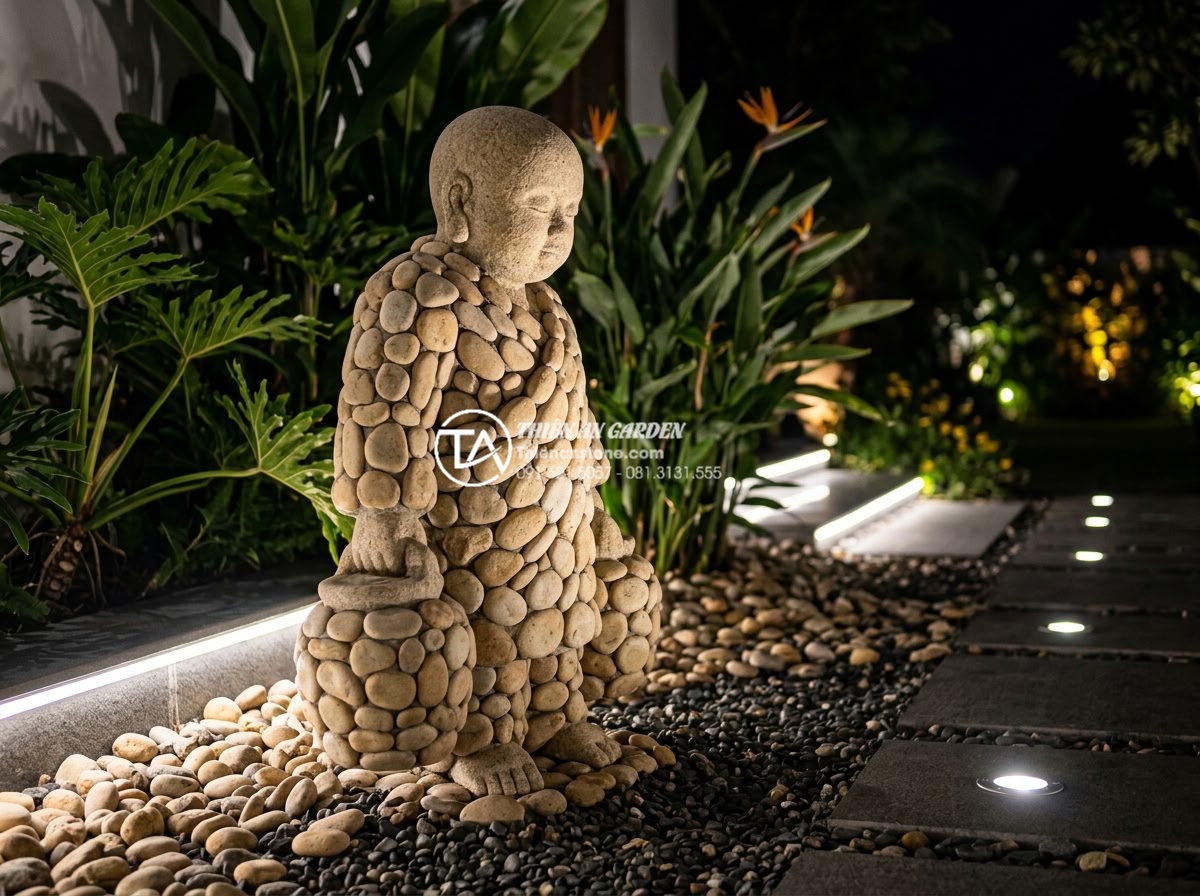 Top 10 mẫu tiểu cảnh chú tiểu gánh nước mang ý nghĩa tài lộc dồi dào - Hình 15 Top 10 mẫu tiểu cảnh chú tiểu gánh nước mang ý nghĩa tài lộc dồi dào - Modern realistic image of a bold black basalt little monk carrying water sculptu