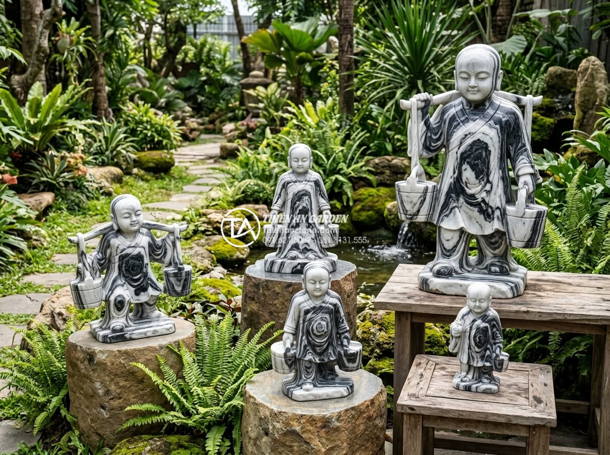 Top 10 mẫu tiểu cảnh chú tiểu gánh nước mang ý nghĩa tài lộc dồi dào - Hình 19 Top 10 mẫu tiểu cảnh chú tiểu gánh nước mang ý nghĩa tài lộc dồi dào - Collection of five different natural stone little monk carrying water sculptures