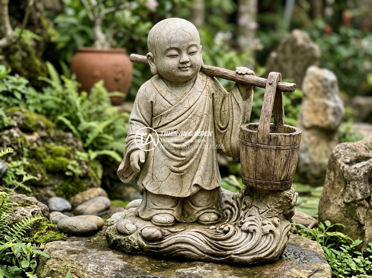 Top 10 mẫu tiểu cảnh chú tiểu gánh nước mang ý nghĩa tài lộc dồi dào - Hình 2 Top 10 mẫu tiểu cảnh chú tiểu gánh nước mang ý nghĩa tài lộc dồi dào - Close-up view of intricate stone carving details on a natural granite little mon