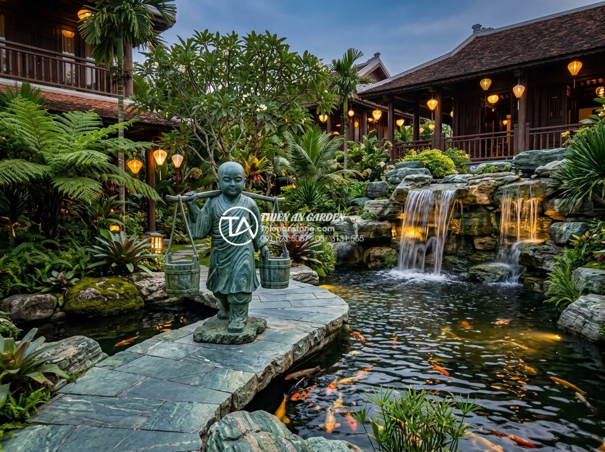 Top 10 mẫu tiểu cảnh chú tiểu gánh nước mang ý nghĩa tài lộc dồi dào - Hình 20 Top 10 mẫu tiểu cảnh chú tiểu gánh nước mang ý nghĩa tài lộc dồi dào - High resolution realistic image of a custom large-scale natural stone little mon