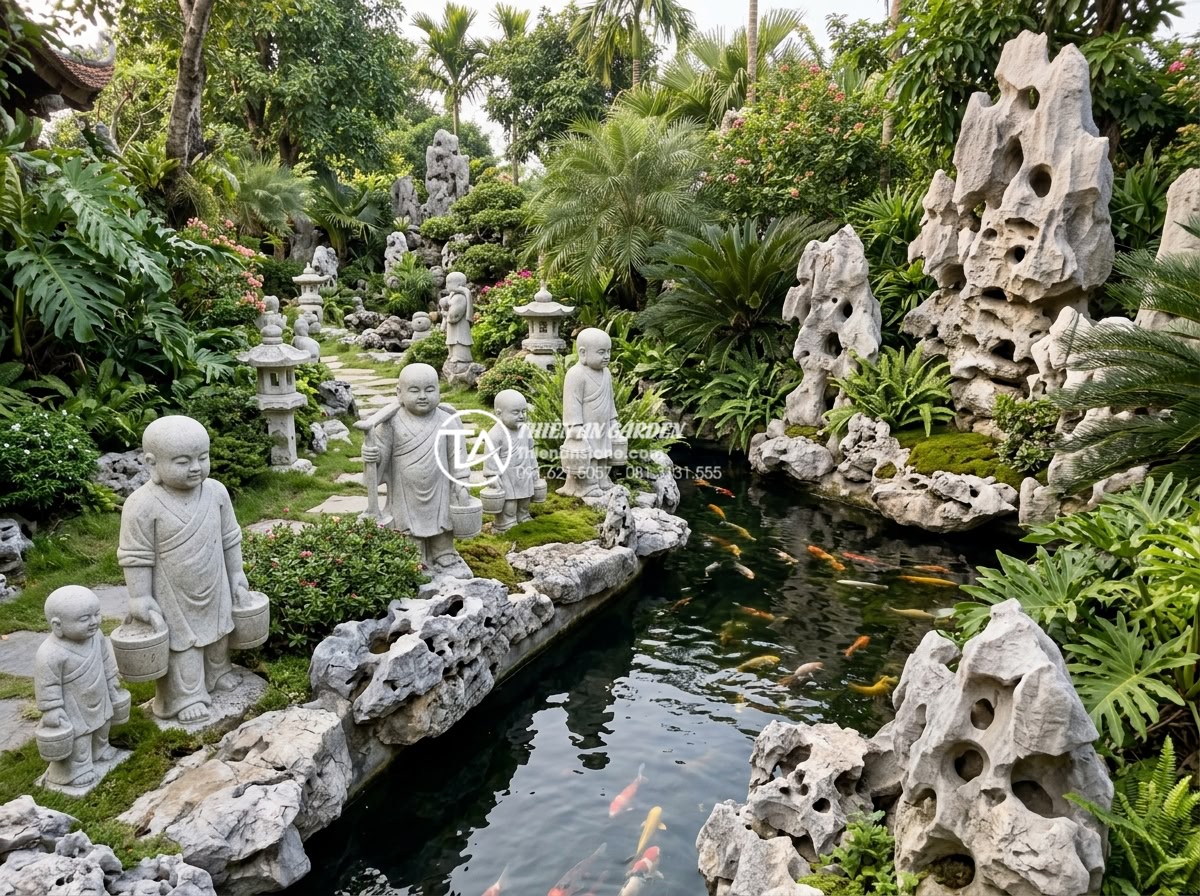 Top 10 mẫu tiểu cảnh chú tiểu gánh nước mang ý nghĩa tài lộc dồi dào - Hình 3 Top 10 mẫu tiểu cảnh chú tiểu gánh nước mang ý nghĩa tài lộc dồi dào - Wide angle realistic image of a traditional Vietnamese garden featuring multiple