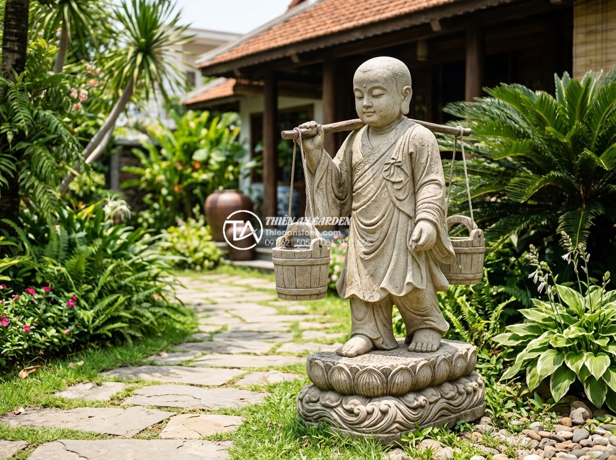 Top 10 mẫu tiểu cảnh chú tiểu gánh nước mang ý nghĩa tài lộc dồi dào - Hình 9 Top 10 mẫu tiểu cảnh chú tiểu gánh nước mang ý nghĩa tài lộc dồi dào - High resolution realistic photograph of a premium gray granite little monk carry