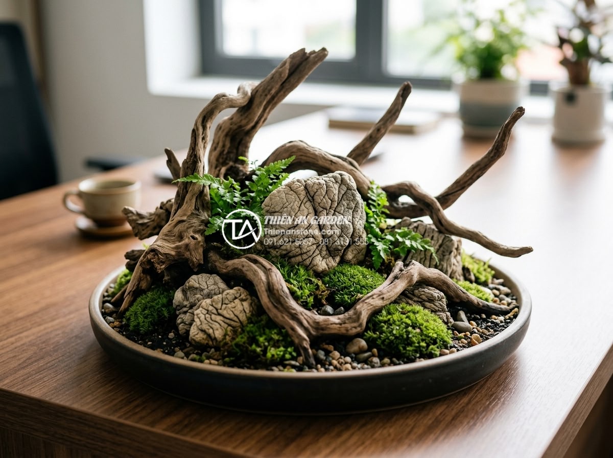 Top 10 mẫu tiểu cảnh gỗ lũa mini để bàn làm việc hợp phong thủy - Close-up of a detailed mini driftwood scene with twisted natural wood roots, sma