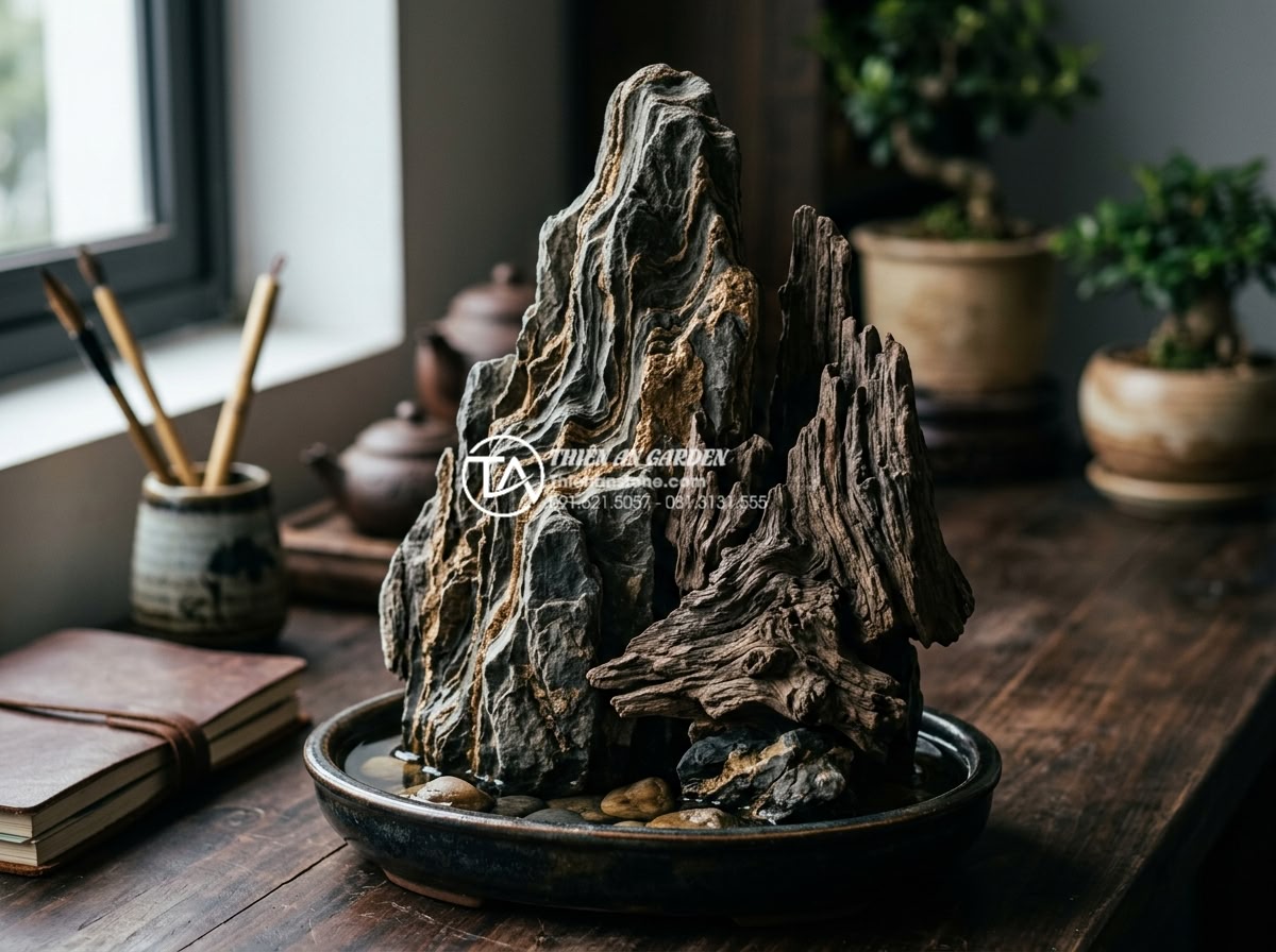 Top 10 mẫu tiểu cảnh gỗ lũa mini để bàn làm việc hợp phong thủy - Dramatic close-up of driftwood mini mountain with intricate wood textures, layer