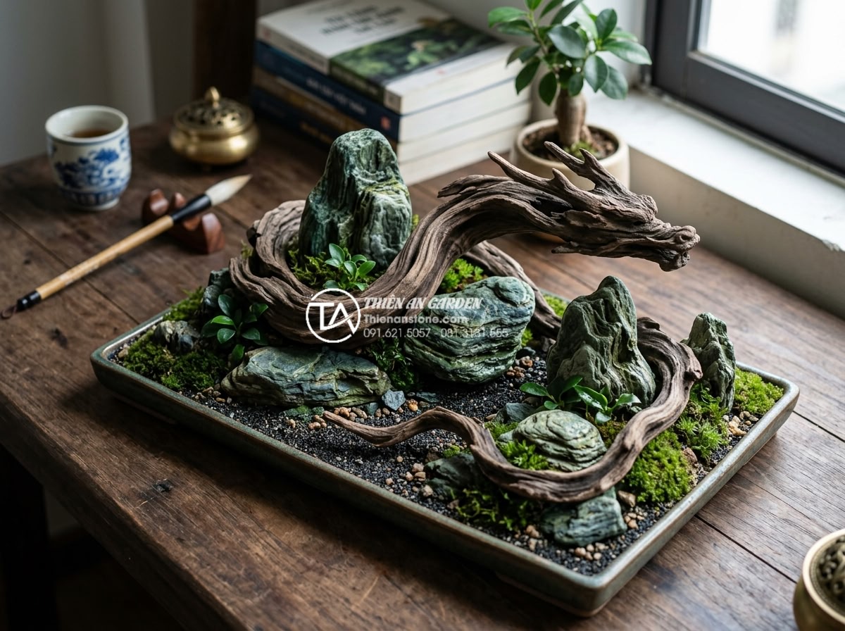 Top 10 mẫu tiểu cảnh gỗ lũa mini để bàn làm việc hợp phong thủy - Dynamic view of driftwood rồng mini landscape with flowing curves and stone acce