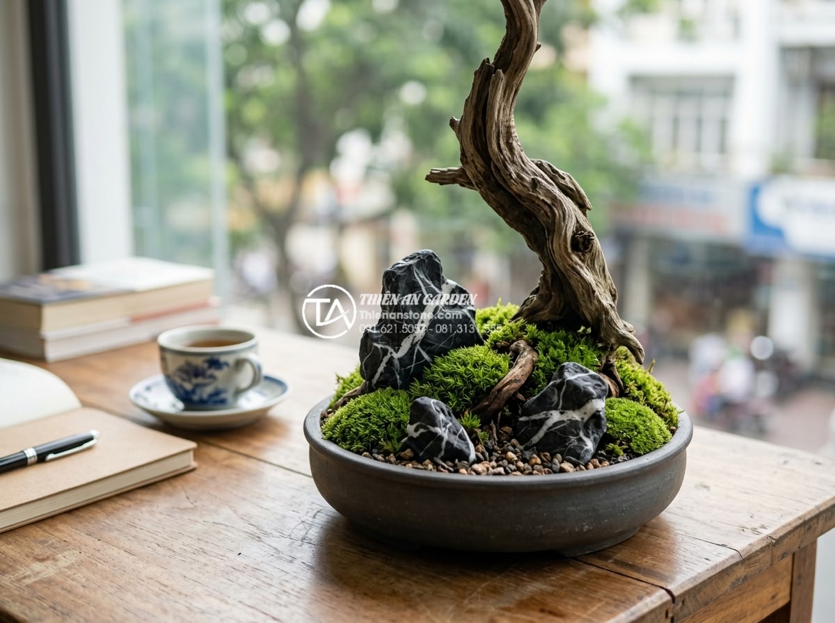 Top 10 mẫu tiểu cảnh gỗ lũa mini để bàn làm việc hợp phong thủy - Serene bonsai-style mini driftwood scene with tiny natural wood trunk, green mos