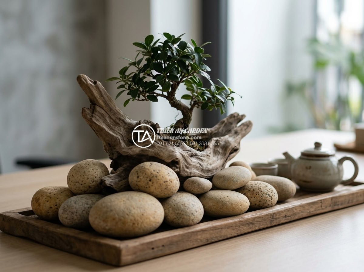 Top 10 mẫu tiểu cảnh gỗ lũa mini để bàn làm việc hợp phong thủy - Peaceful close shot of driftwood bonsai mini on tidy workspace, blending natural