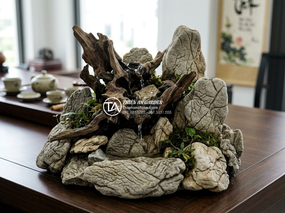 Top 10 mẫu tiểu cảnh gỗ lũa mini để bàn làm việc hợp phong thủy - Mini driftwood waterfall landscape with flowing water effect over natural wood a