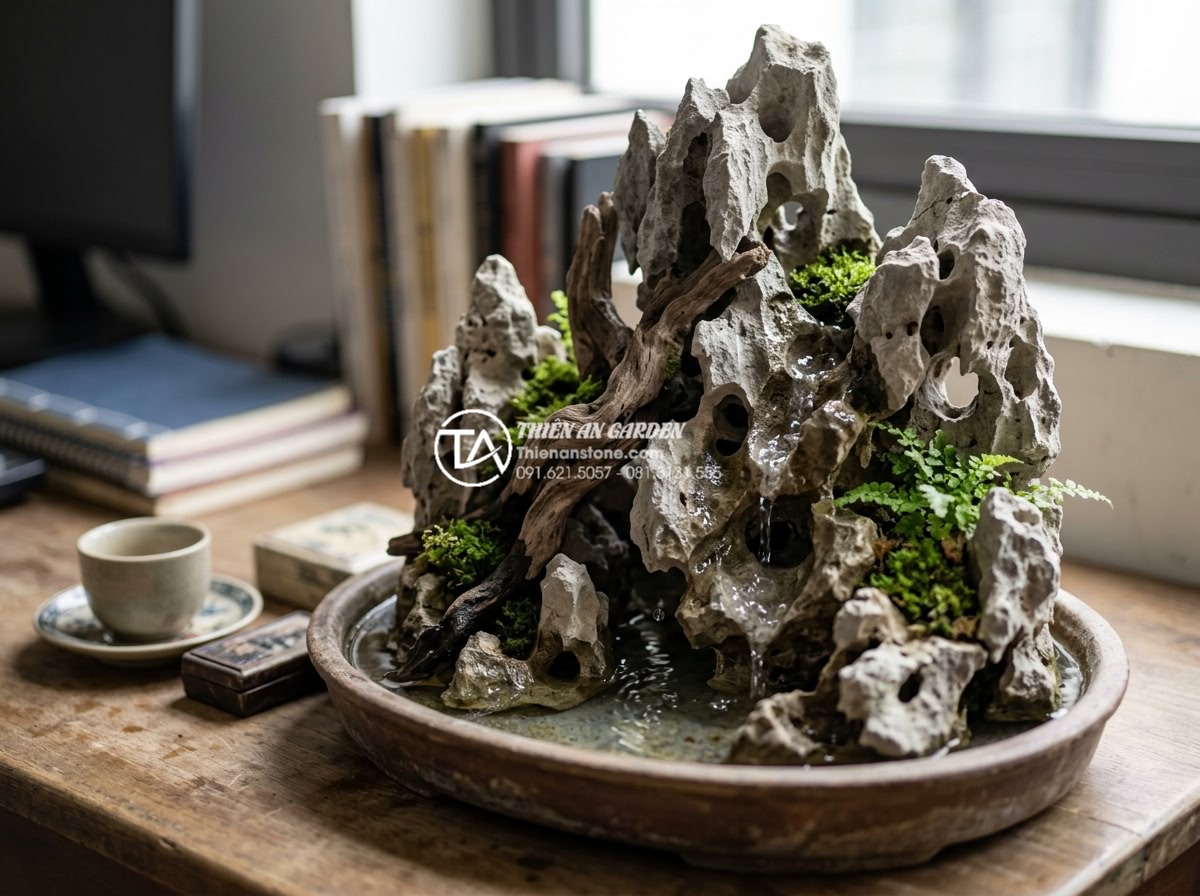Top 10 mẫu tiểu cảnh gỗ lũa mini để bàn làm việc hợp phong thủy - Detailed mini scene showing driftwood with artificial waterfall feature and natu