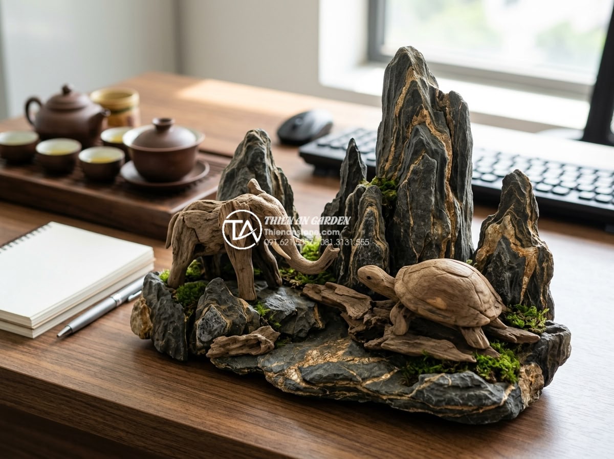 Top 10 mẫu tiểu cảnh gỗ lũa mini để bàn làm việc hợp phong thủy - Lucky animal shaped mini driftwood scene with elephant or turtle forms from natu