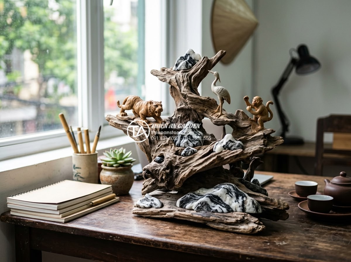 Top 10 mẫu tiểu cảnh gỗ lũa mini để bàn làm việc hợp phong thủy - Whimsical driftwood mini with carved animal figures and natural stone details en