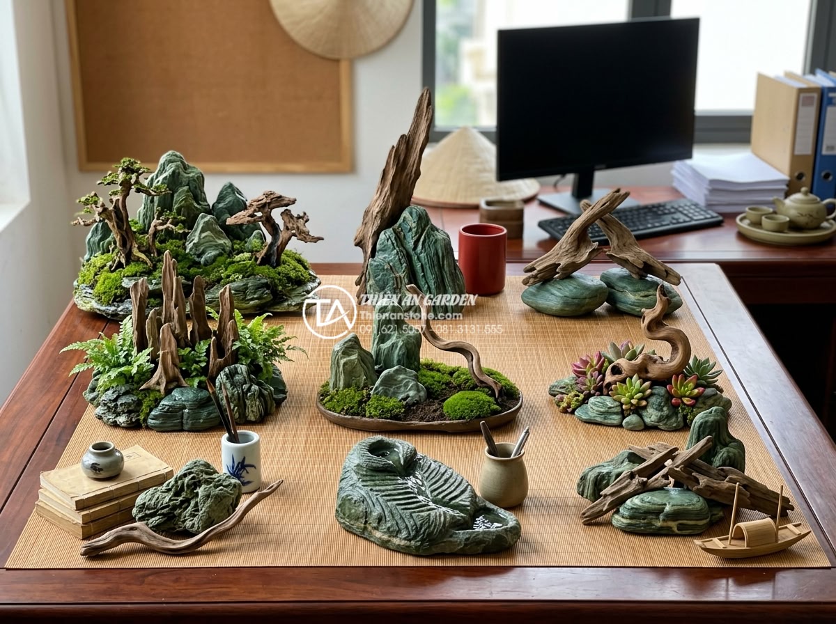 Top 10 mẫu tiểu cảnh gỗ lũa mini để bàn làm việc hợp phong thủy - Properly arranged mini driftwood scenes following feng shui bagua map on a detai