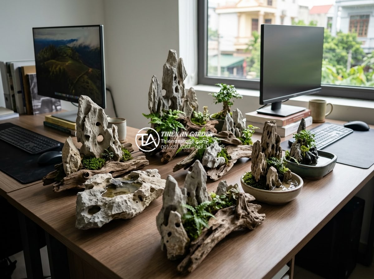 Top 10 mẫu tiểu cảnh gỗ lũa mini để bàn làm việc hợp phong thủy - Wide view of multiple small driftwood mini landscapes arranged neatly on a profe