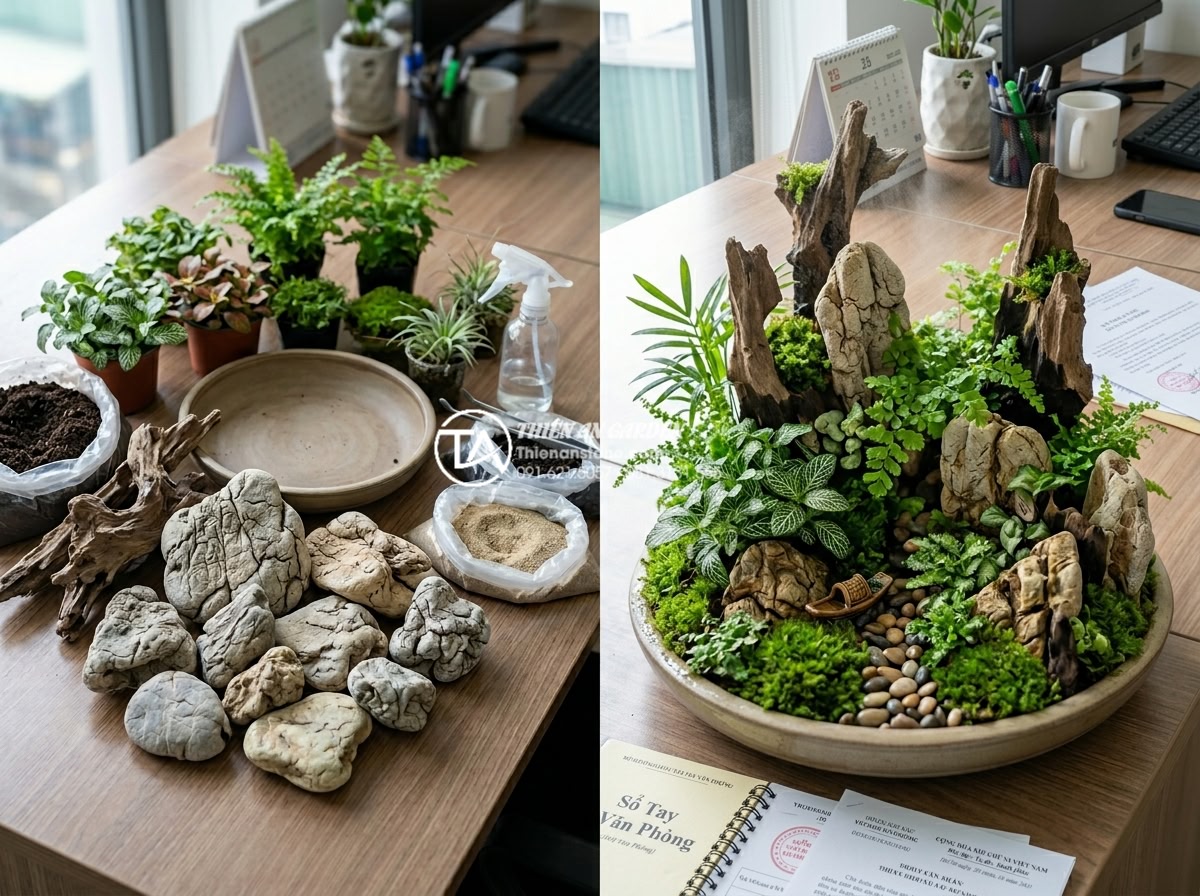 Top 10 mẫu tiểu cảnh gỗ lũa mini để bàn làm việc hợp phong thủy - Before and after of well-maintained driftwood mini landscape looking fresh and v