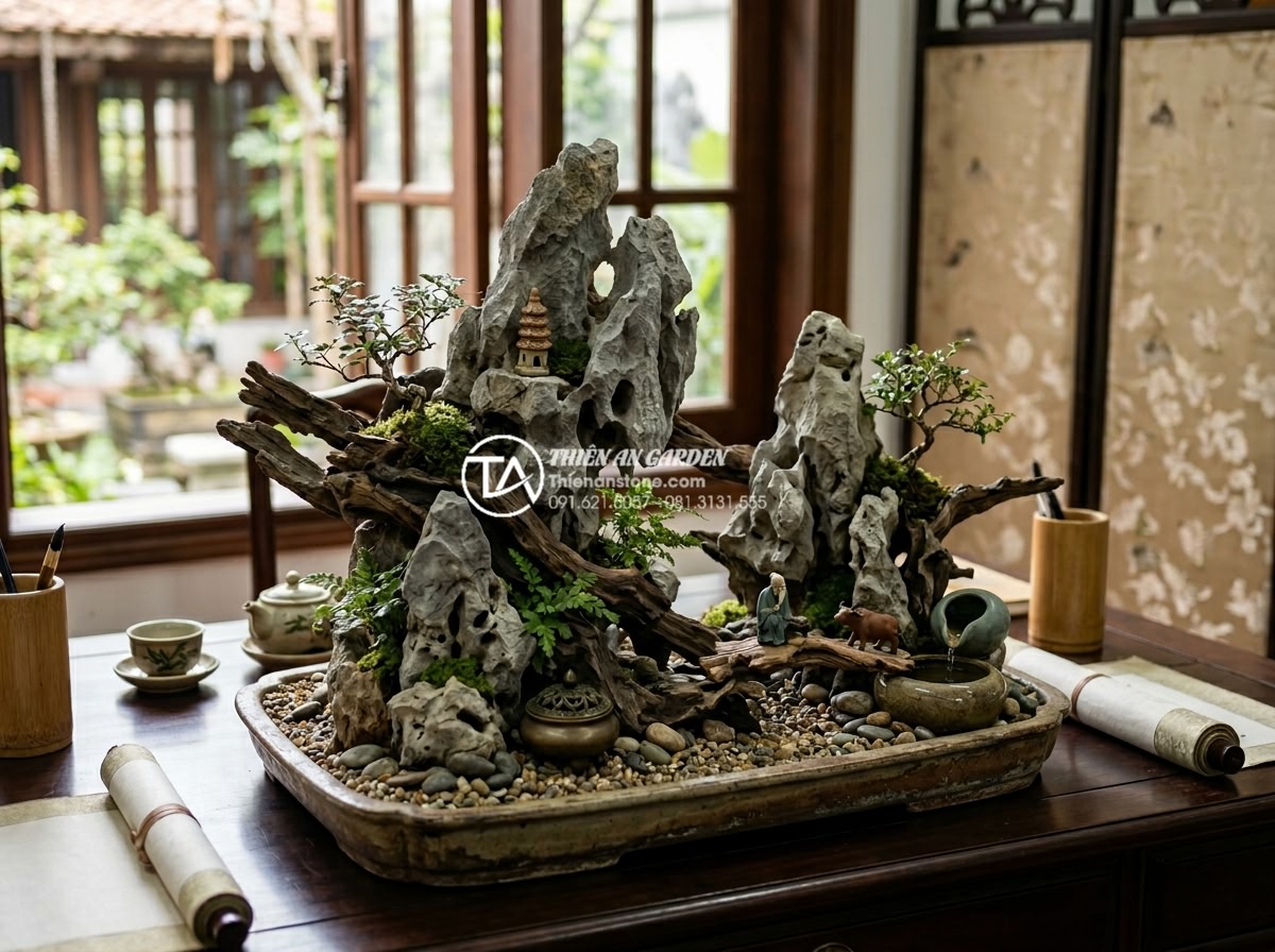 Top 10 mẫu tiểu cảnh gỗ lũa mini để bàn làm việc hợp phong thủy - Integrated mini driftwood scene combined with various natural stones and feng sh