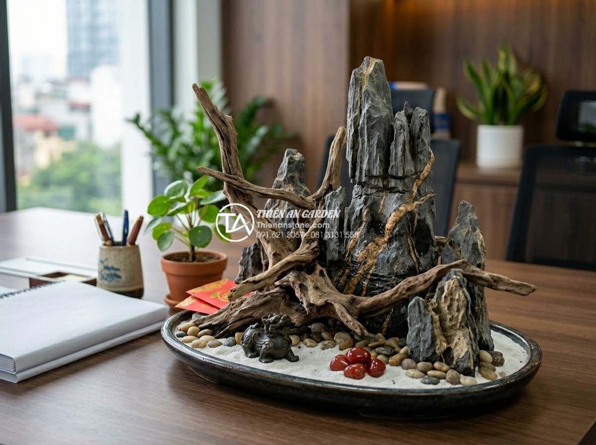 Top 10 mẫu tiểu cảnh gỗ lũa mini để bàn làm việc hợp phong thủy - Creative fusion of driftwood mini with carved stones and additional lucky items 