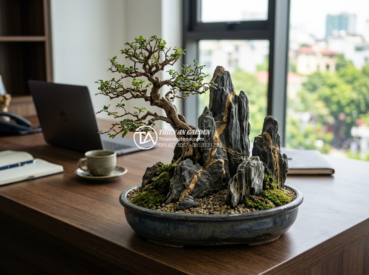 Top 10 mẫu tiểu cảnh gỗ lũa mini để bàn làm việc hợp phong thủy - Elegant mini driftwood bonsai-style scene with polished natural stones placed on