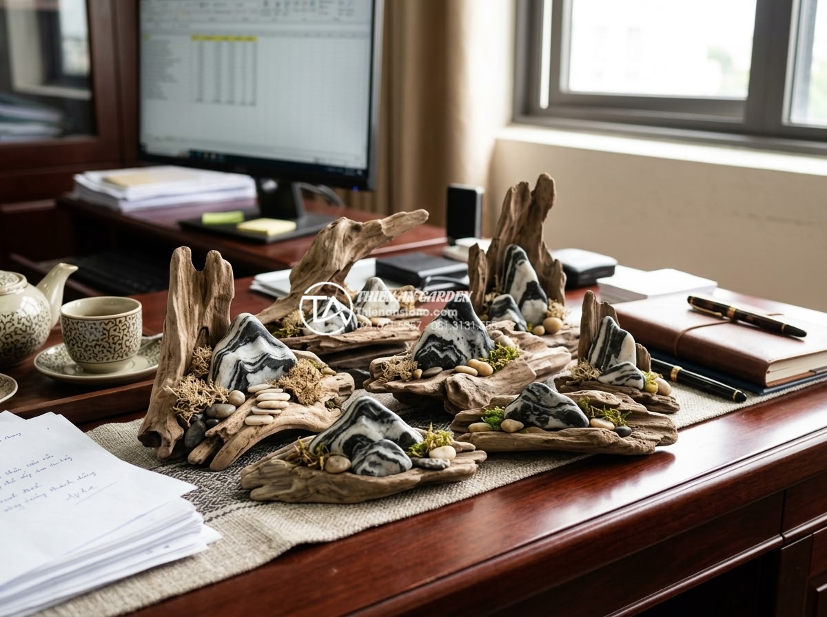 Top 10 mẫu tiểu cảnh gỗ lũa mini để bàn làm việc hợp phong thủy - Vibrant collection of small driftwood mini scenes featuring various natural wood