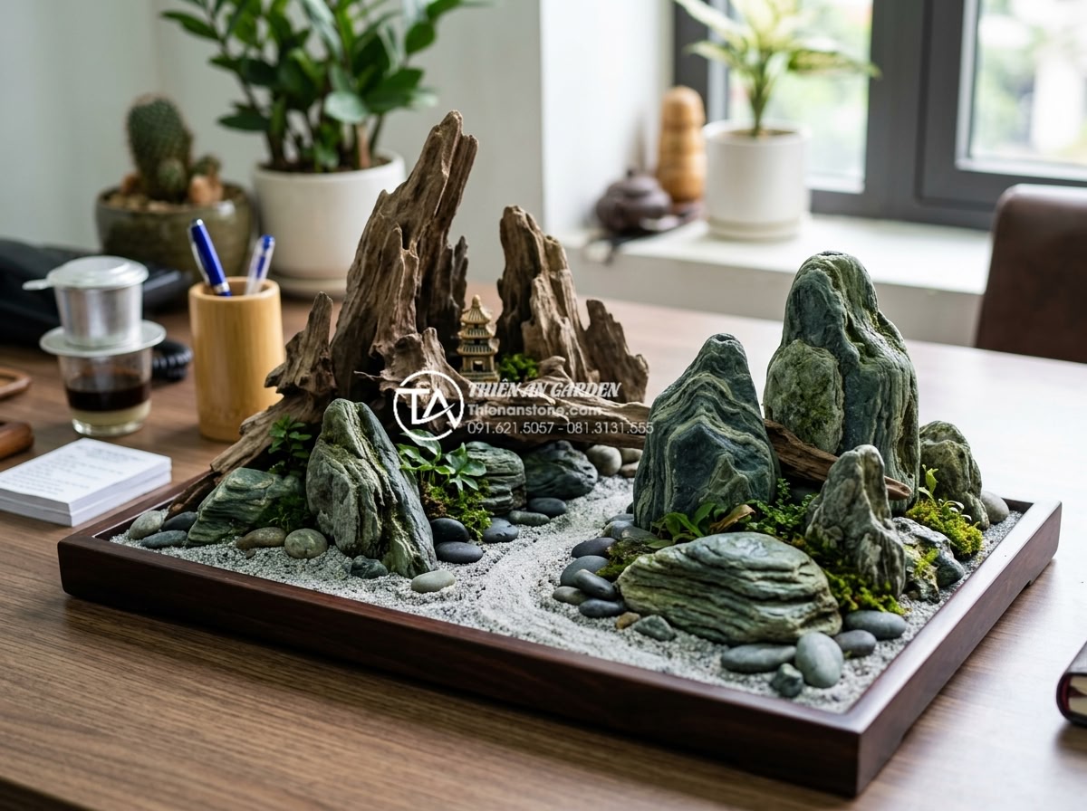 Top 10 mẫu tiểu cảnh gỗ lũa mini để bàn làm việc hợp phong thủy - Symbolic mini driftwood landscape representing mountain and water elements with 