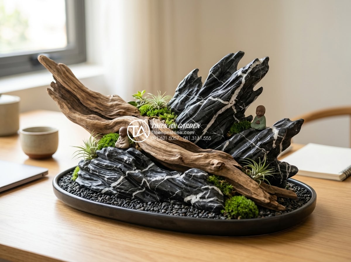 Top 10 mẫu tiểu cảnh gỗ lũa mini để bàn làm việc hợp phong thủy - Detailed feng shui mini driftwood setup with flowing wood grains and integrated 
