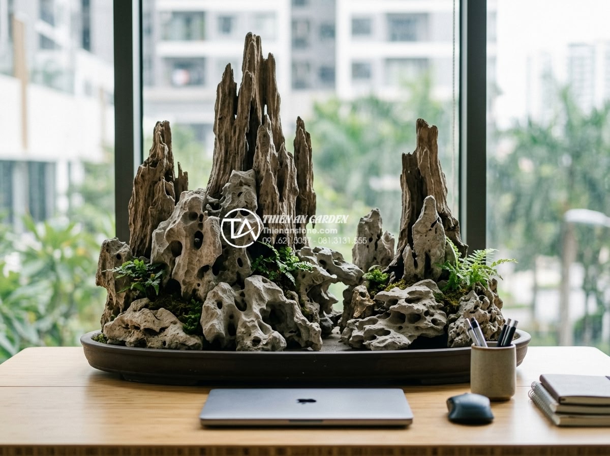 Top 10 mẫu tiểu cảnh gỗ lũa mini để bàn làm việc hợp phong thủy - Mini driftwood mountain landscape scene with towering wood formations and base o