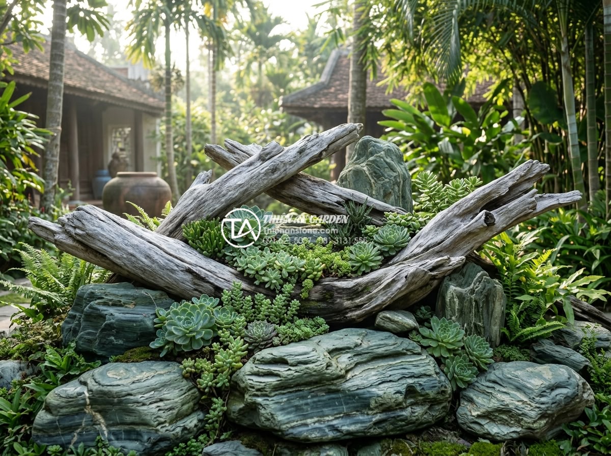 Top 5 loại cây trồng kèm tiểu cảnh gỗ lũa bền và dễ chăm sóc - Hình 1 Top 5 loại cây trồng kèm tiểu cảnh gỗ lũa bền và dễ chăm sóc - Wide angle view of a beautifully arranged driftwood landscape feature in a luxur