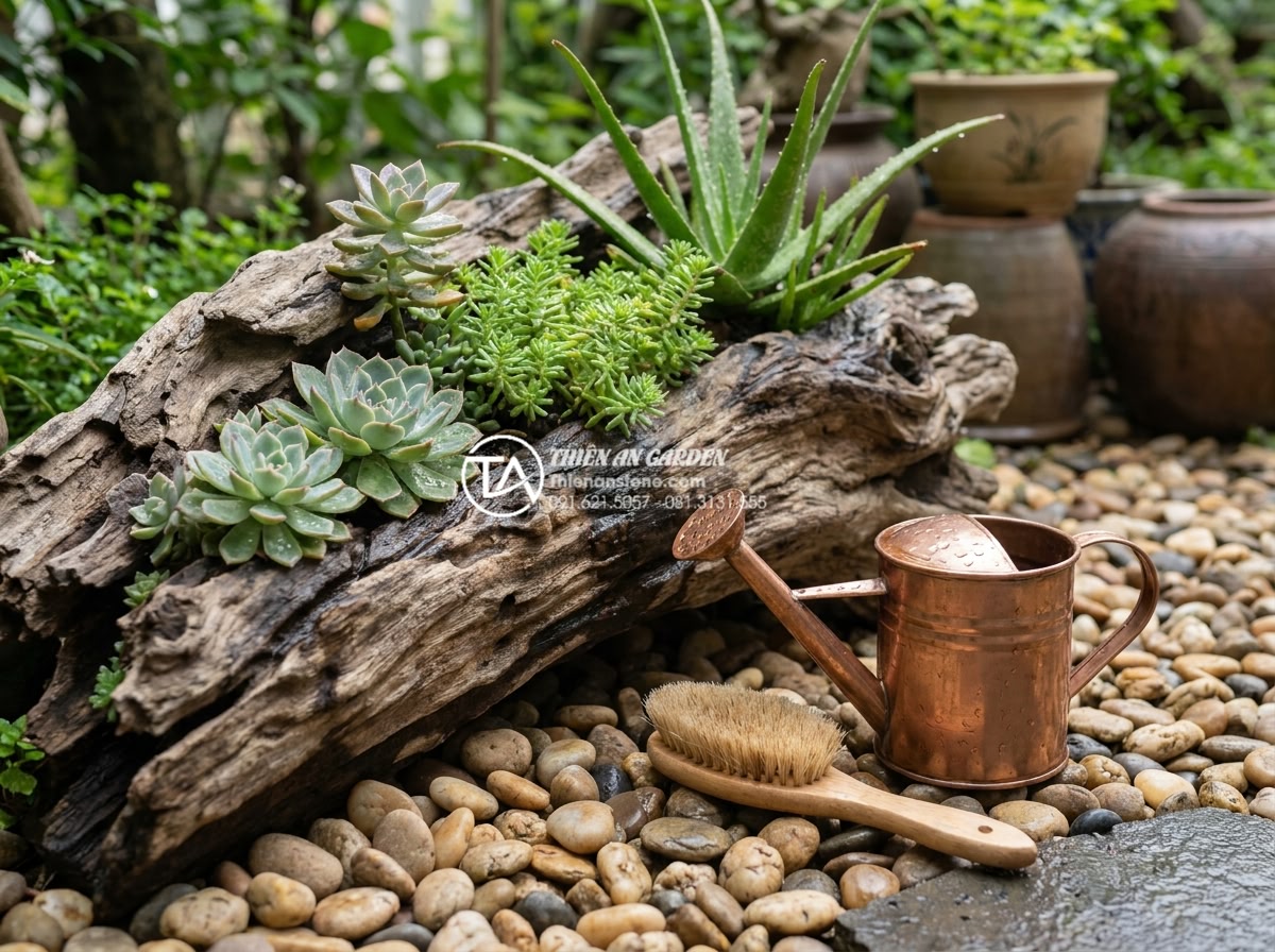 Top 5 loại cây trồng kèm tiểu cảnh gỗ lũa bền và dễ chăm sóc - Hình 10 Top 5 loại cây trồng kèm tiểu cảnh gỗ lũa bền và dễ chăm sóc - Maintenance scene of a beautiful driftwood and succulent garden feature being ge