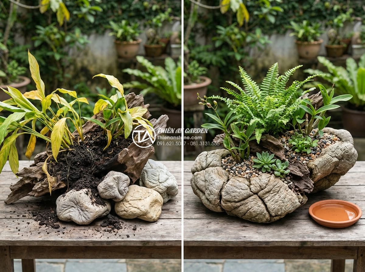 Top 5 loại cây trồng kèm tiểu cảnh gỗ lũa bền và dễ chăm sóc - Hình 11 Top 5 loại cây trồng kèm tiểu cảnh gỗ lũa bền và dễ chăm sóc - Educational comparison image showing common mistakes in driftwood garden design